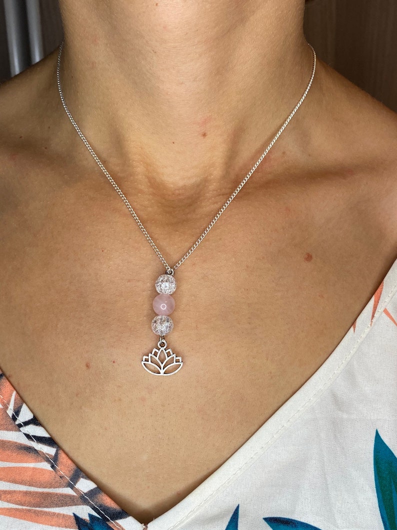 Collier en acier inoxydable en pierres naturelles Quartz rose et Cristal de roche