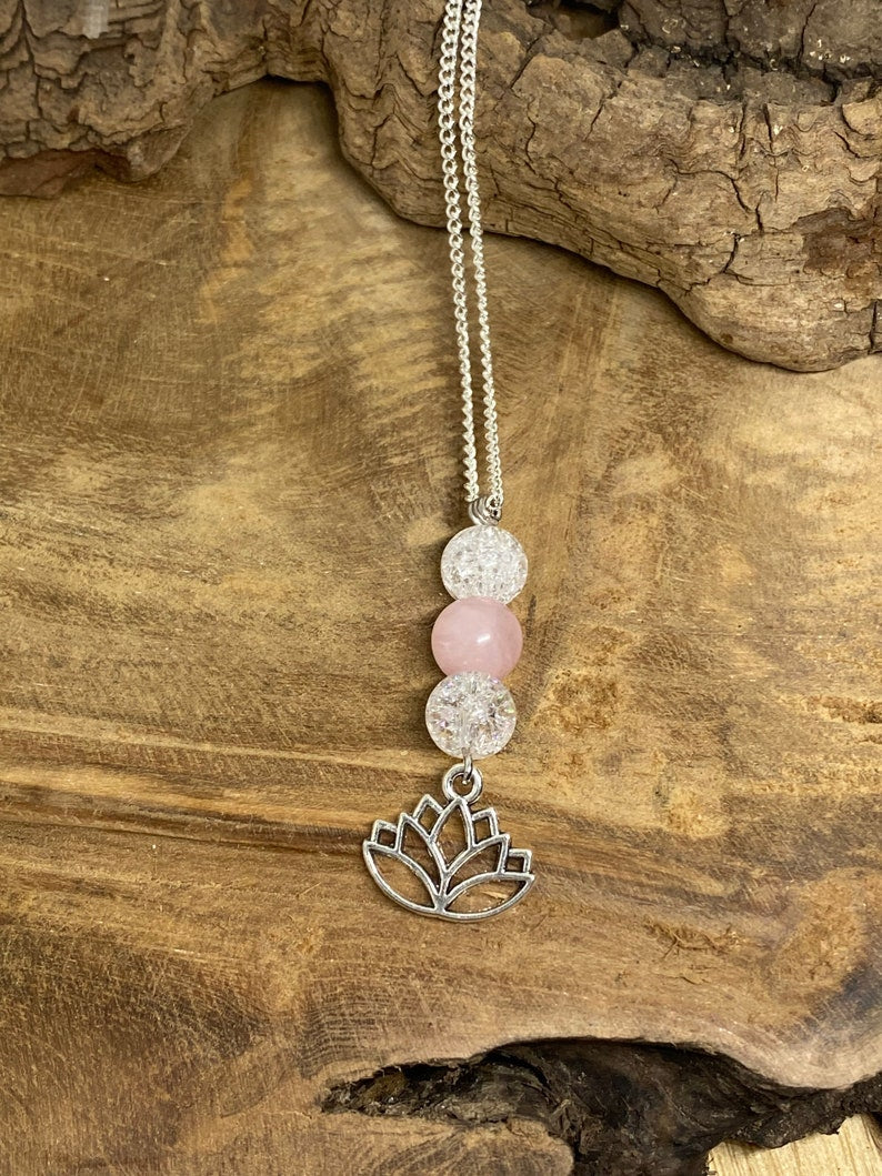 Collier en acier inoxydable en pierres naturelles Quartz rose et Cristal de roche