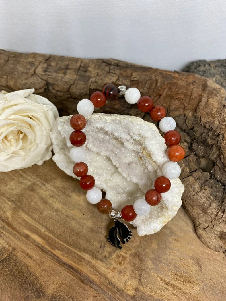 Bracelet FIV - PMA en Cornaline , Pierre de lune et jaspe rouge