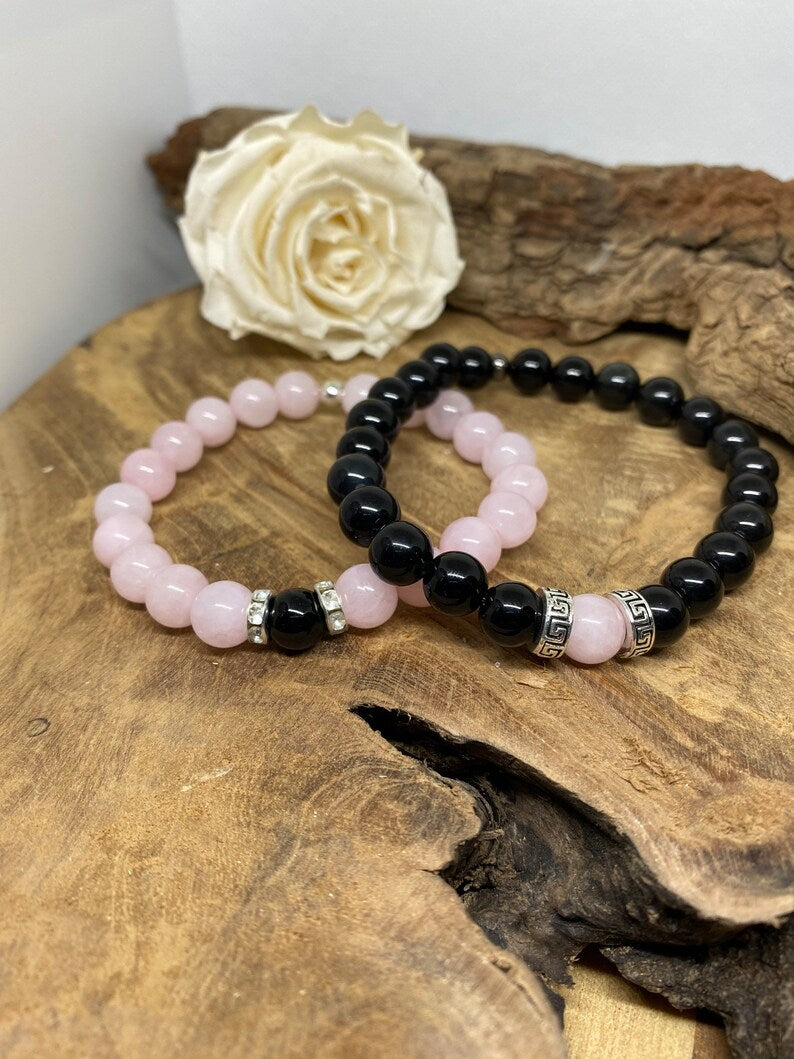 Lot de 2 bracelets pierres naturelles en Obsidienne noire et Quartz rose