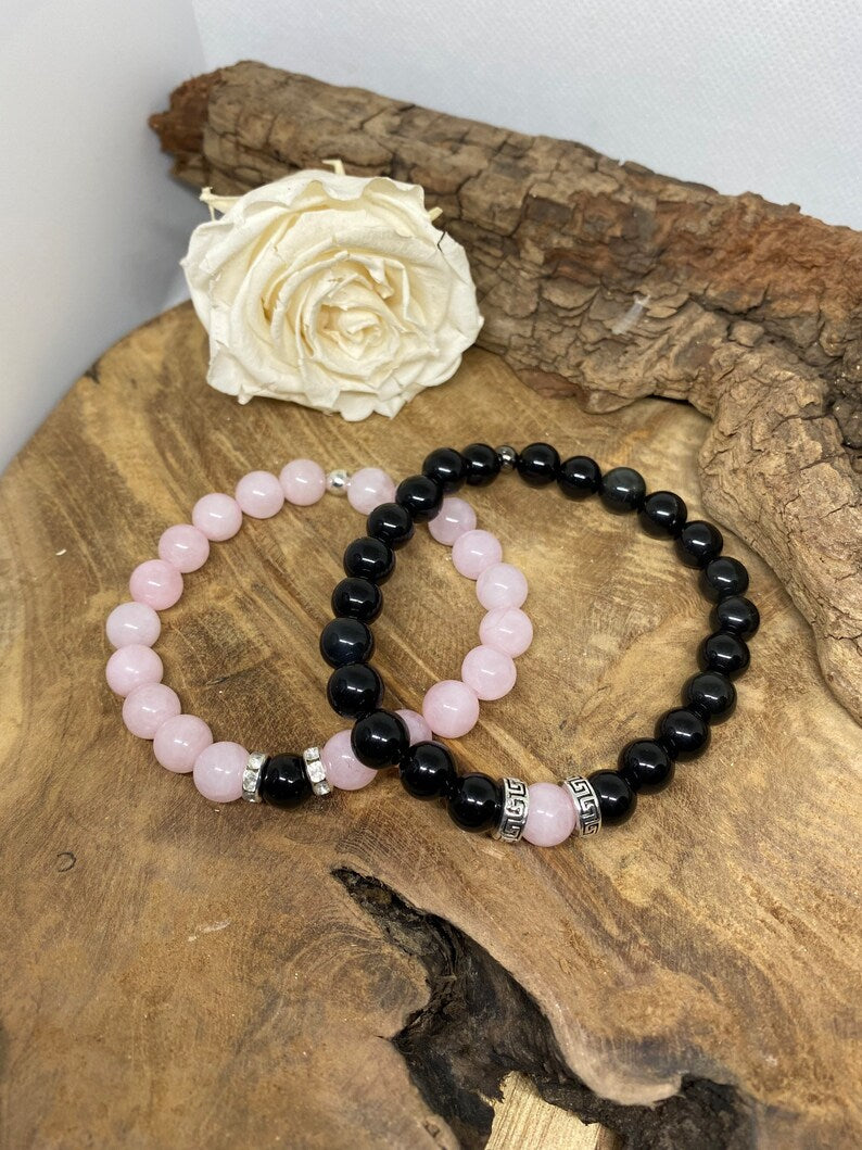 Lot de 2 bracelets pierres naturelles en Obsidienne noire et Quartz rose