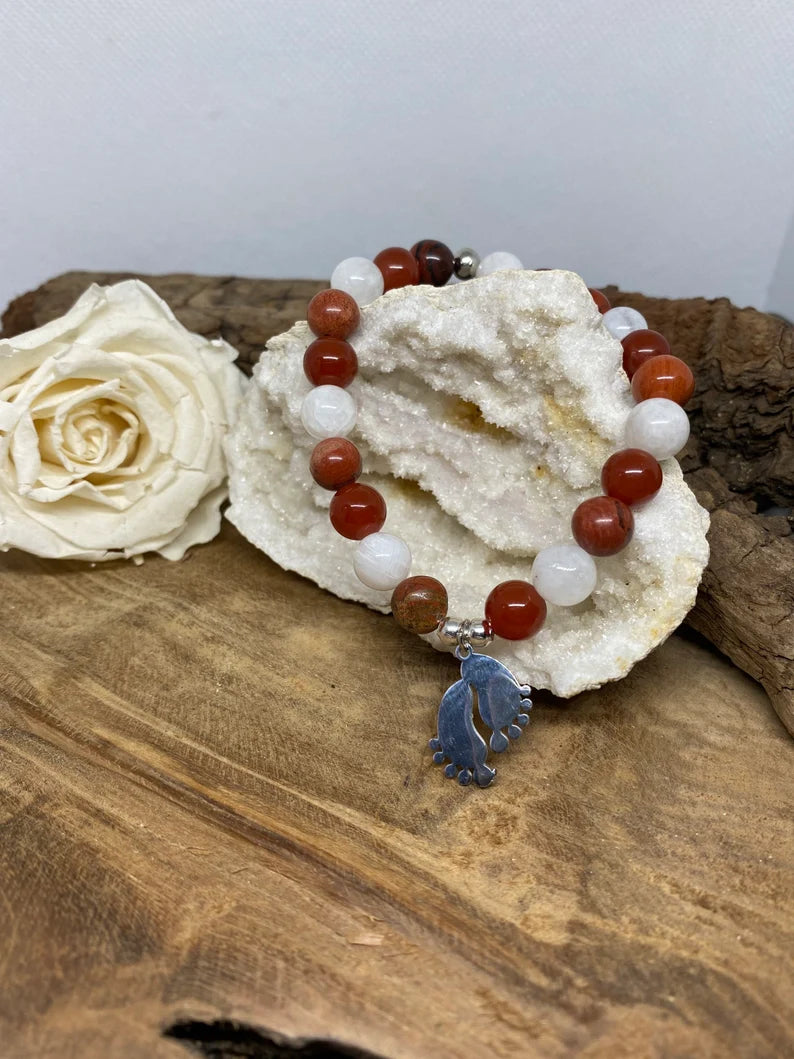 Bracelet FIV - PMA en Cornaline , Pierre de lune et jaspe rouge