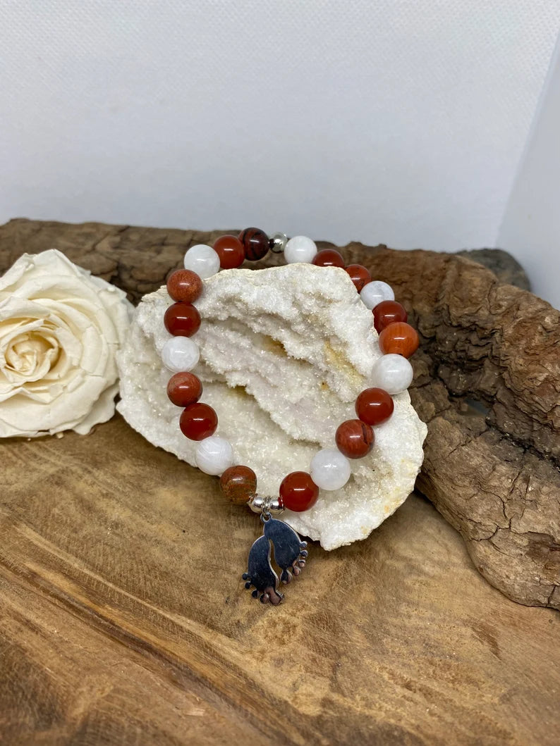 Bracelet FIV - PMA en Cornaline , Pierre de lune et jaspe rouge