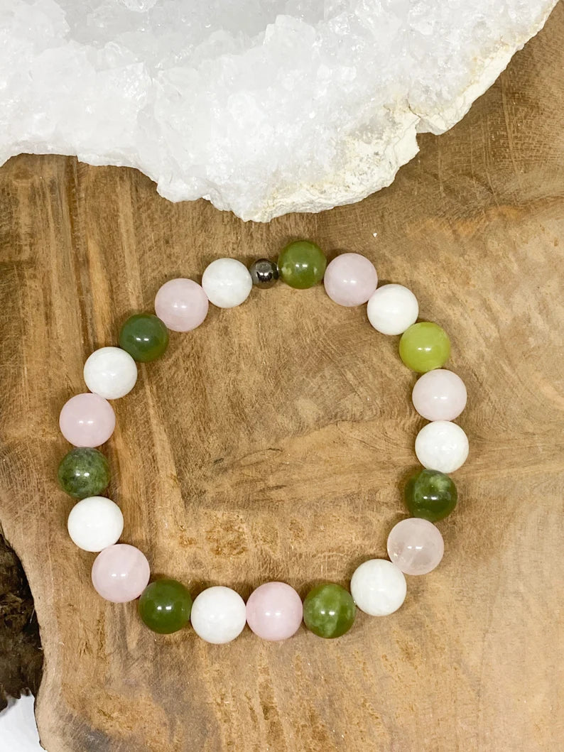 Bracelet en pierres naturelles Jade néphrétique, Pierre de lune et Quartz rose