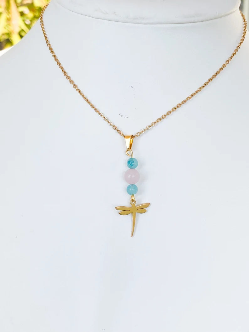 Collier libellule en acier inoxydable en pierres naturelles Amazonite et Quartz rose