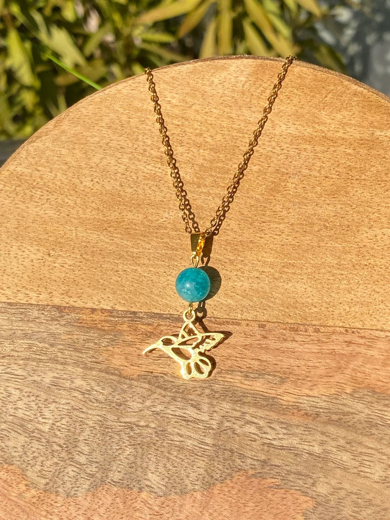 Collier colibri en acier inoxydable en pierres naturelles Amazonite