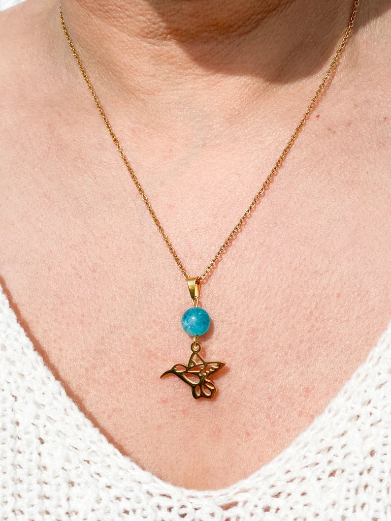 Collier colibri en acier inoxydable en pierres naturelles Amazonite