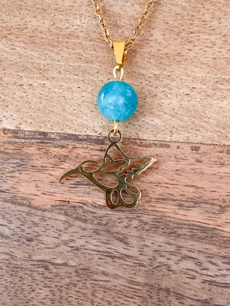 Collier colibri en acier inoxydable en pierres naturelles Amazonite