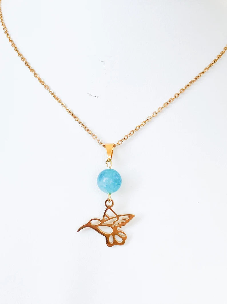 Collier colibri en acier inoxydable en pierres naturelles Amazonite