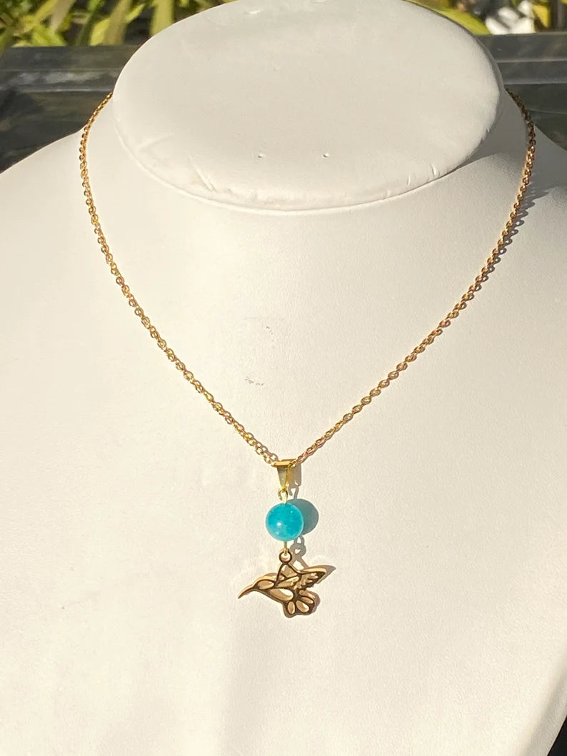 Collier colibri en acier inoxydable en pierres naturelles Amazonite