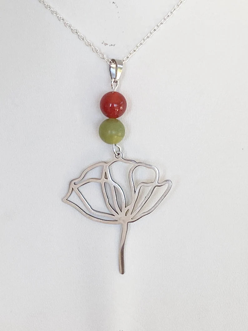 Collier en acier inoxydable avec pierres naturelles Cornaline et Jade néphrétique