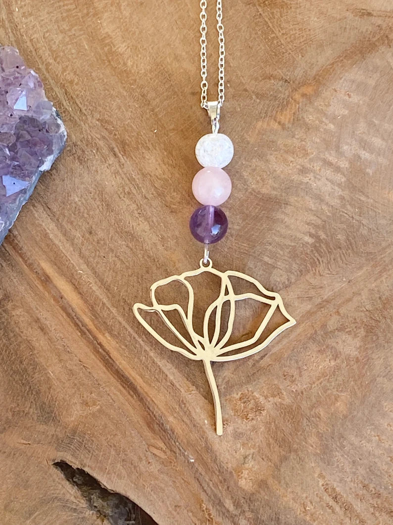Collier en acier inoxydable avec pierres naturelles Améthyste, Quartz rose et Cristal de roche