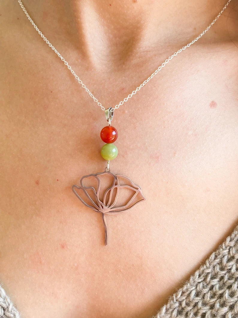 Collier en acier inoxydable avec pierres naturelles Cornaline et Jade néphrétique