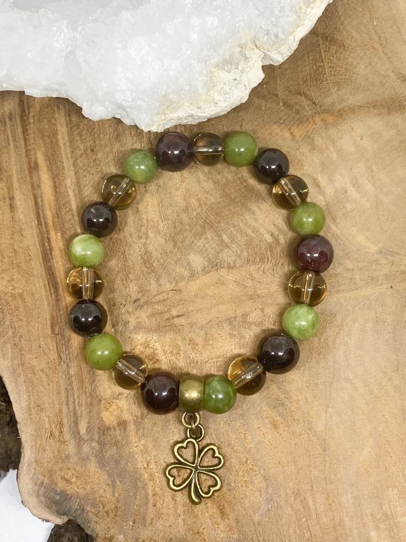 Bracelet en pierres naturelles Jade néphrétique, Grenat et Quartz fumé
