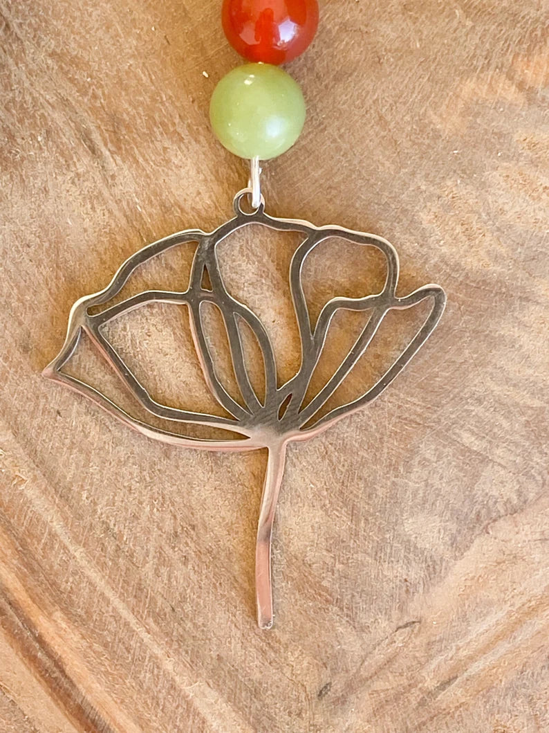 Collier en acier inoxydable avec pierres naturelles Cornaline et Jade néphrétique