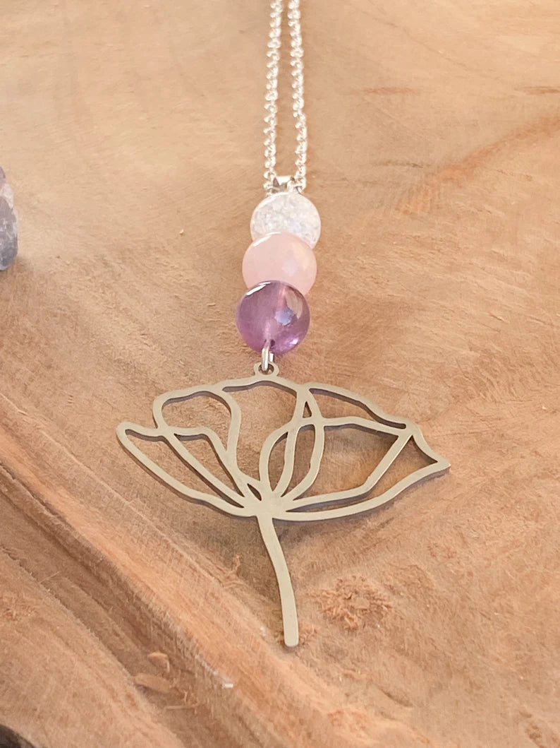 Collier en acier inoxydable avec pierres naturelles Améthyste, Quartz rose et Cristal de roche