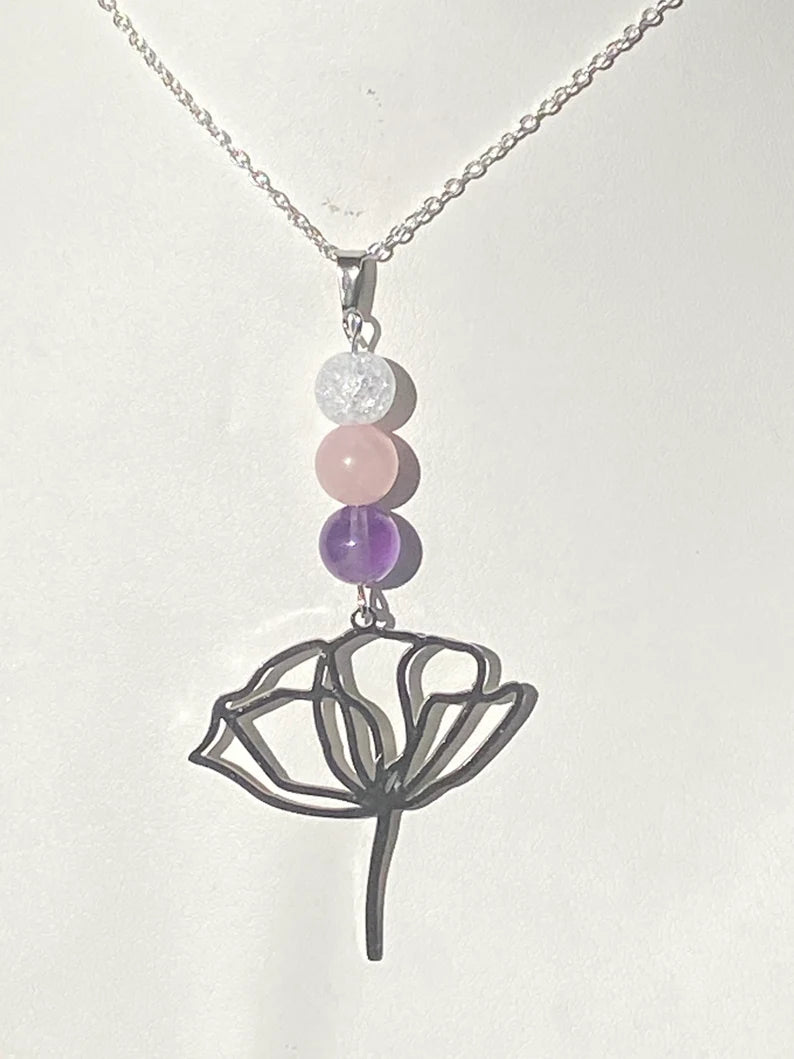 Collier en acier inoxydable avec pierres naturelles Améthyste, Quartz rose et Cristal de roche
