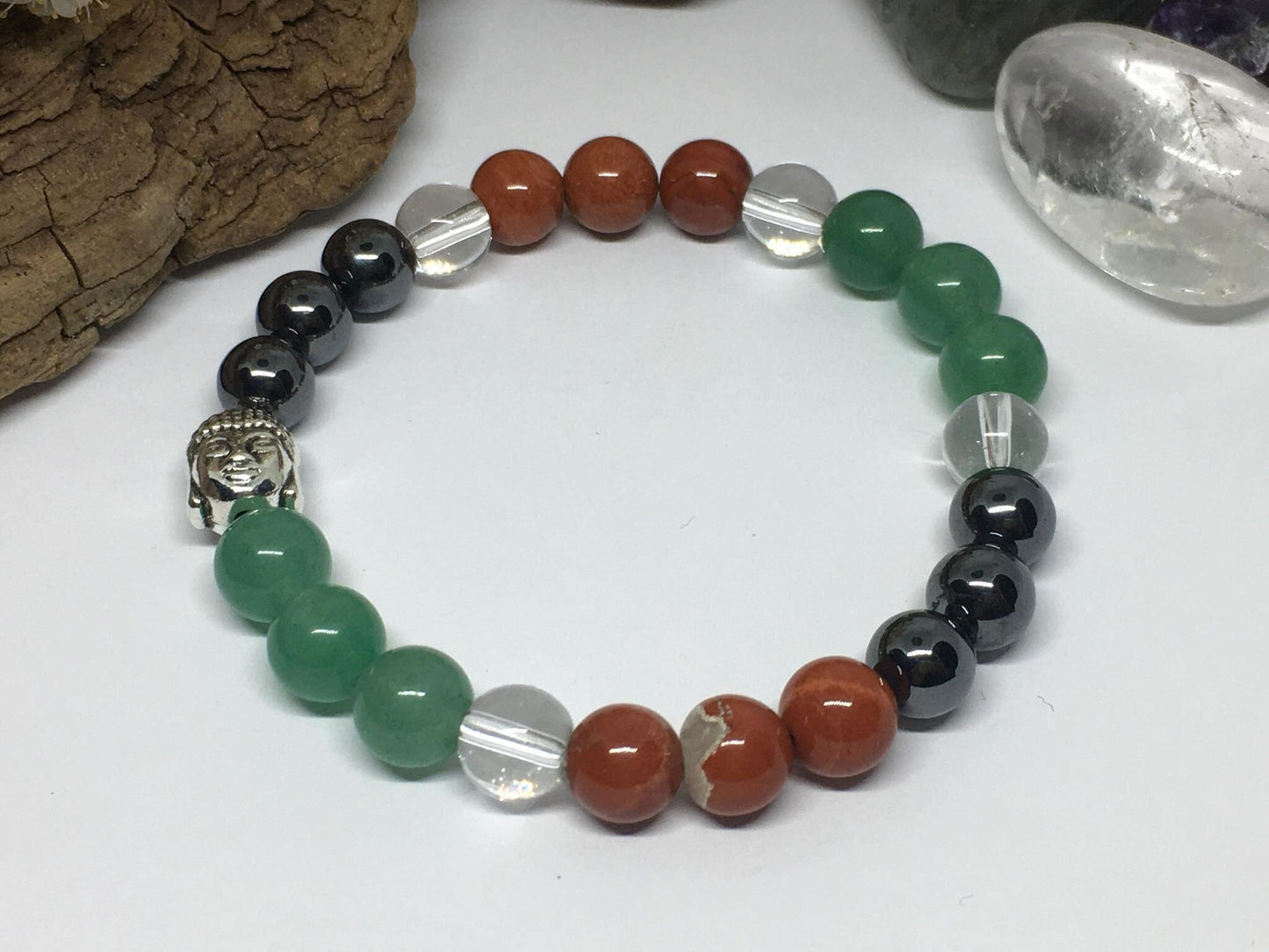 Bracelet en pierres naturelles Jaspe Rouge , Hématite, Aventurine, Cristal de Roche