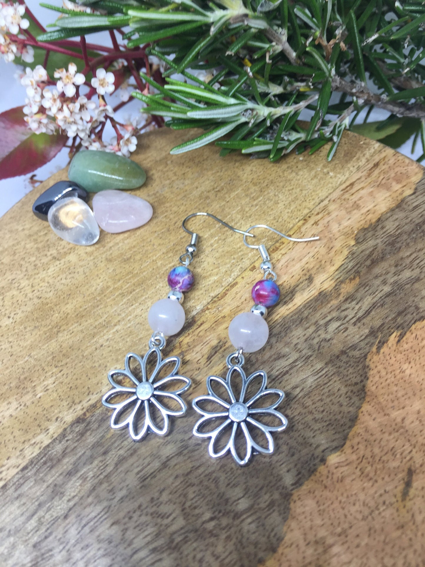 Boucles d'oreilles fleur avec pierre naturelle Jaspe impérial et Quartz Rose