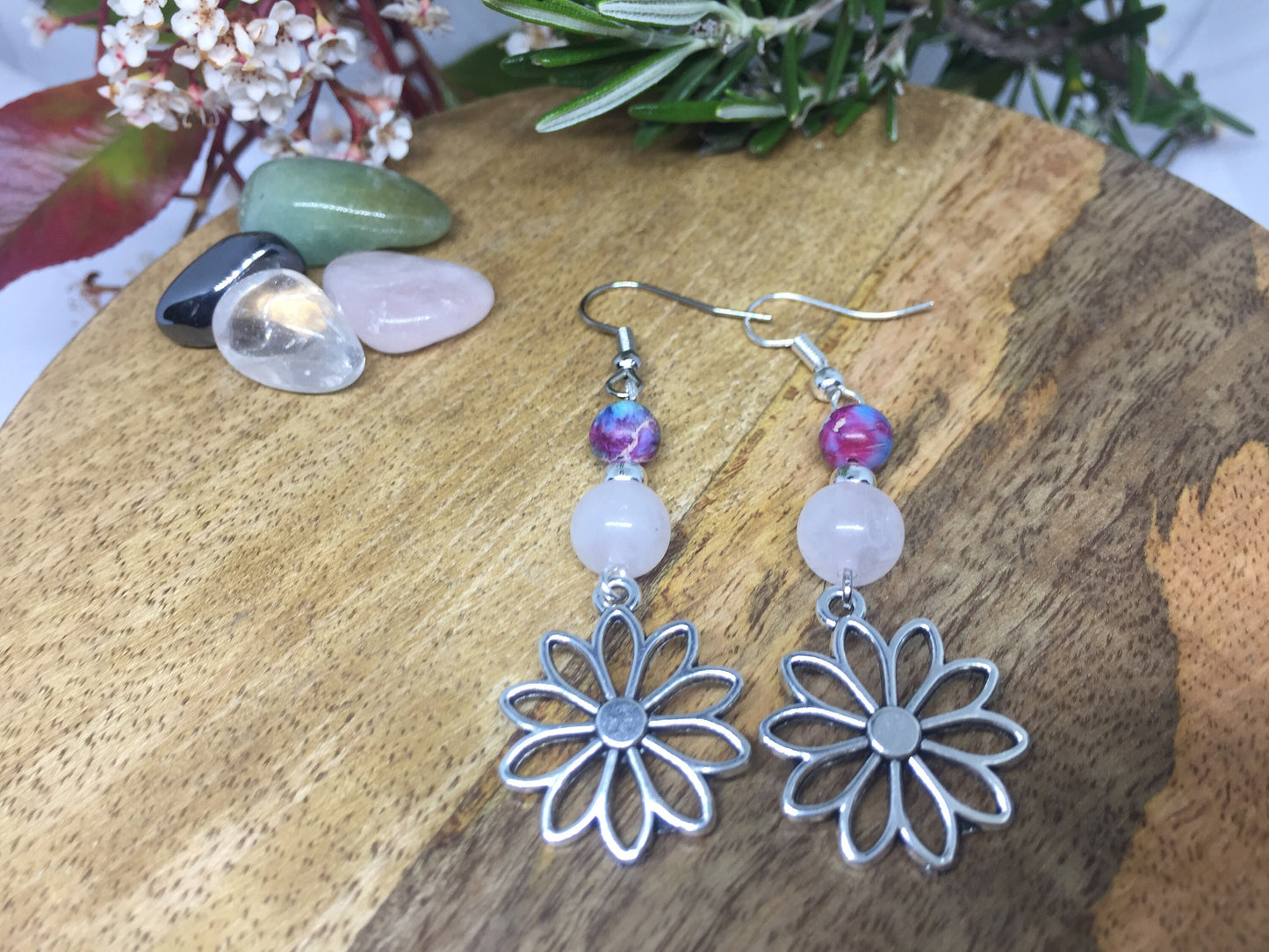 Boucles d'oreilles fleur avec pierre naturelle Jaspe impérial et Quartz Rose