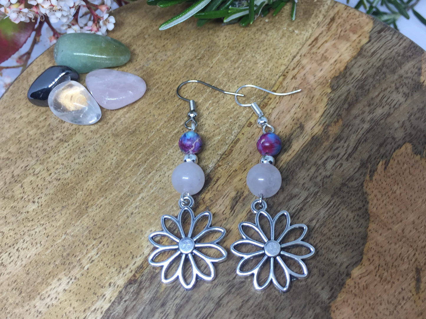 Boucles d'oreilles fleur avec pierre naturelle Jaspe impérial et Quartz Rose
