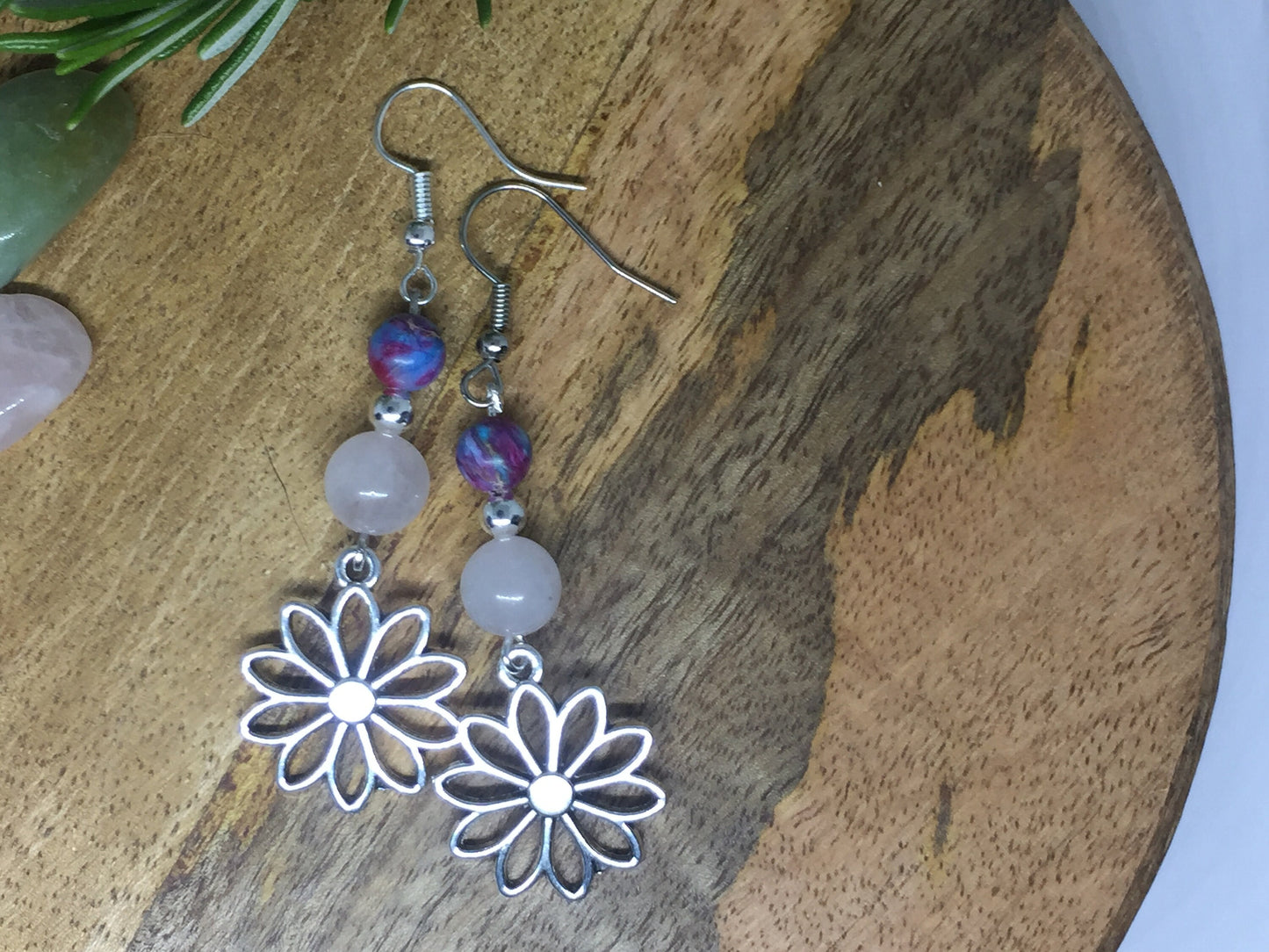 Boucles d'oreilles fleur avec pierre naturelle Jaspe impérial et Quartz Rose
