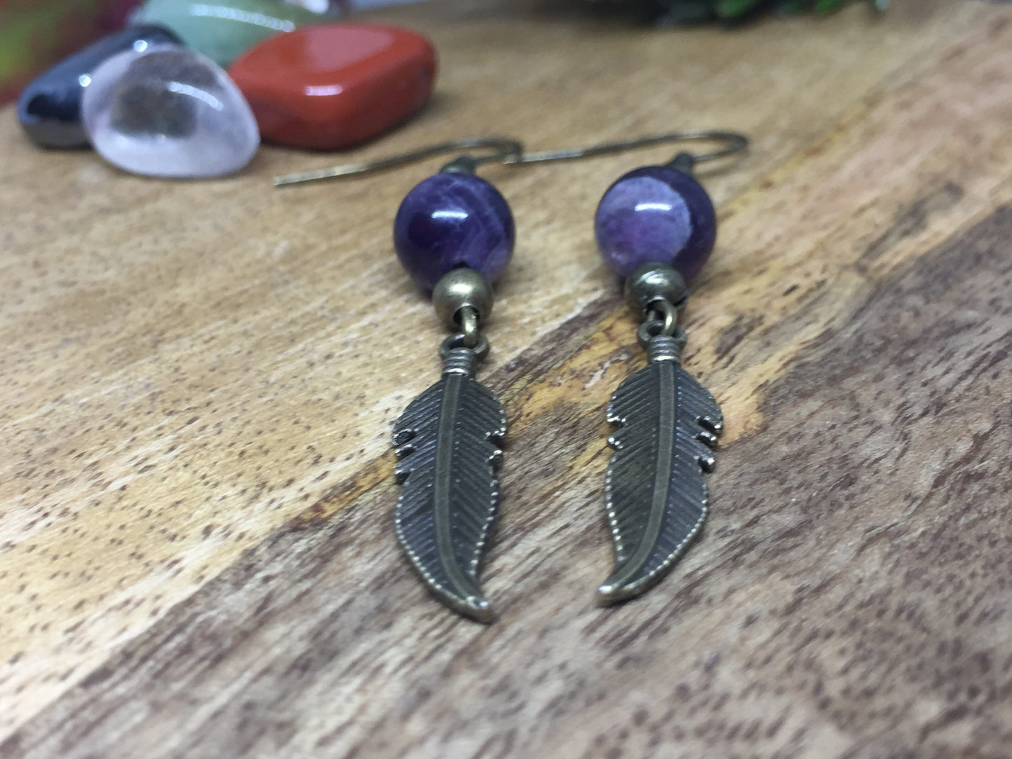 Boucles d'oreilles plume en pierre naturelle Améthyste