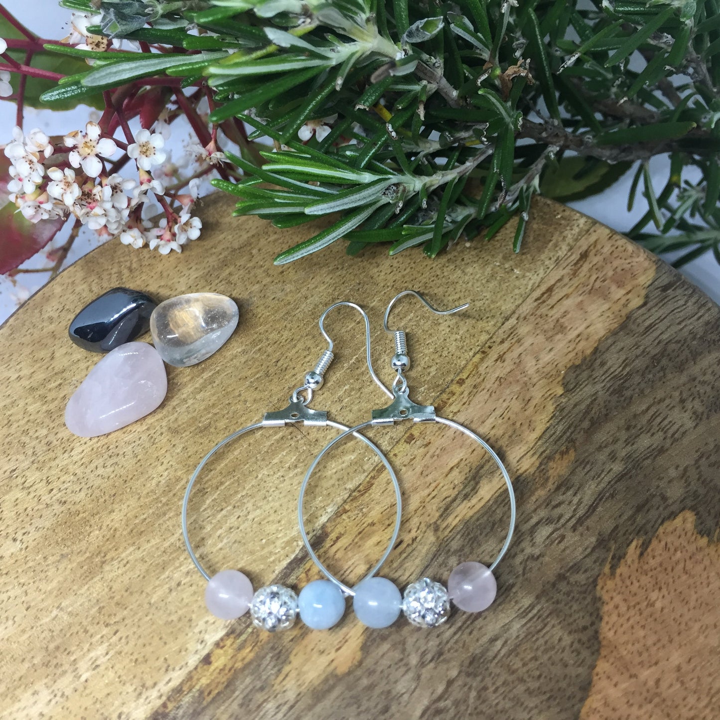 Boucles d'oreilles créoles en pierres naturelles Aigue marine , Quartz Rose