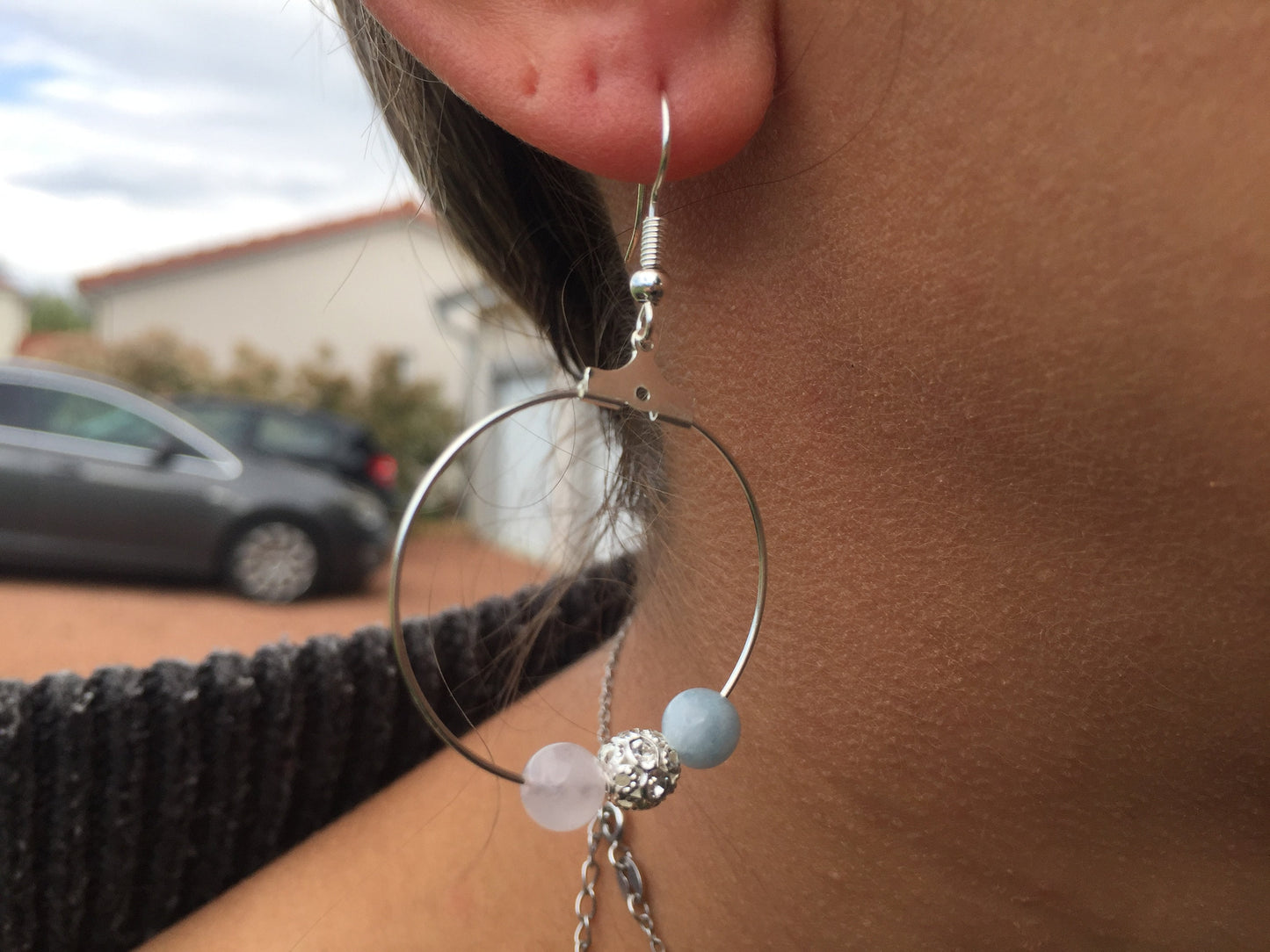 Boucles d'oreilles créoles en pierres naturelles Aigue marine , Quartz Rose