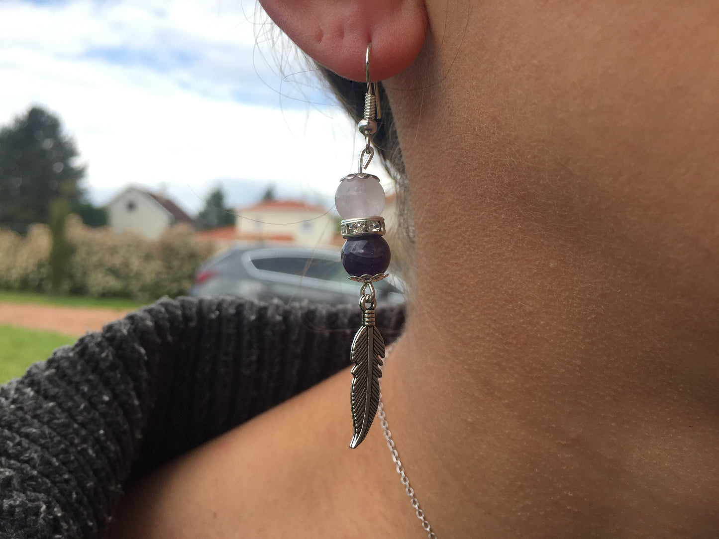 Boucles d'oreilles plume avec pierre naturelle Améthyste et Quartz rose