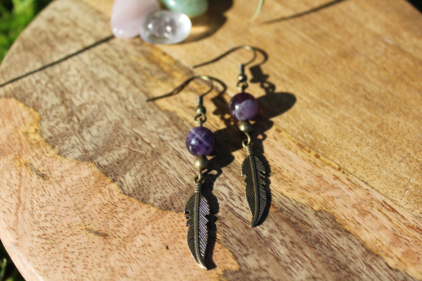 Boucles d'oreilles plume en pierre naturelle Améthyste