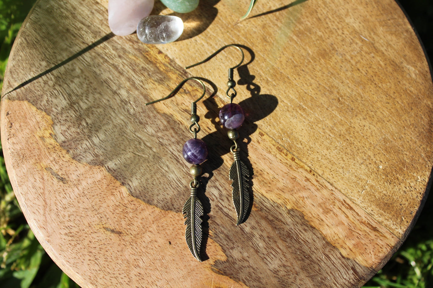 Boucles d'oreilles plume en pierre naturelle Améthyste
