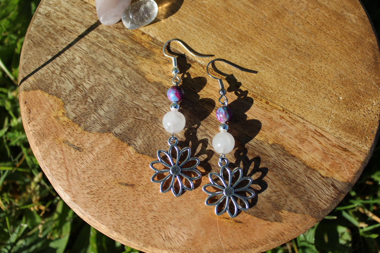 Boucles d'oreilles fleur avec pierre naturelle Jaspe impérial et Quartz Rose