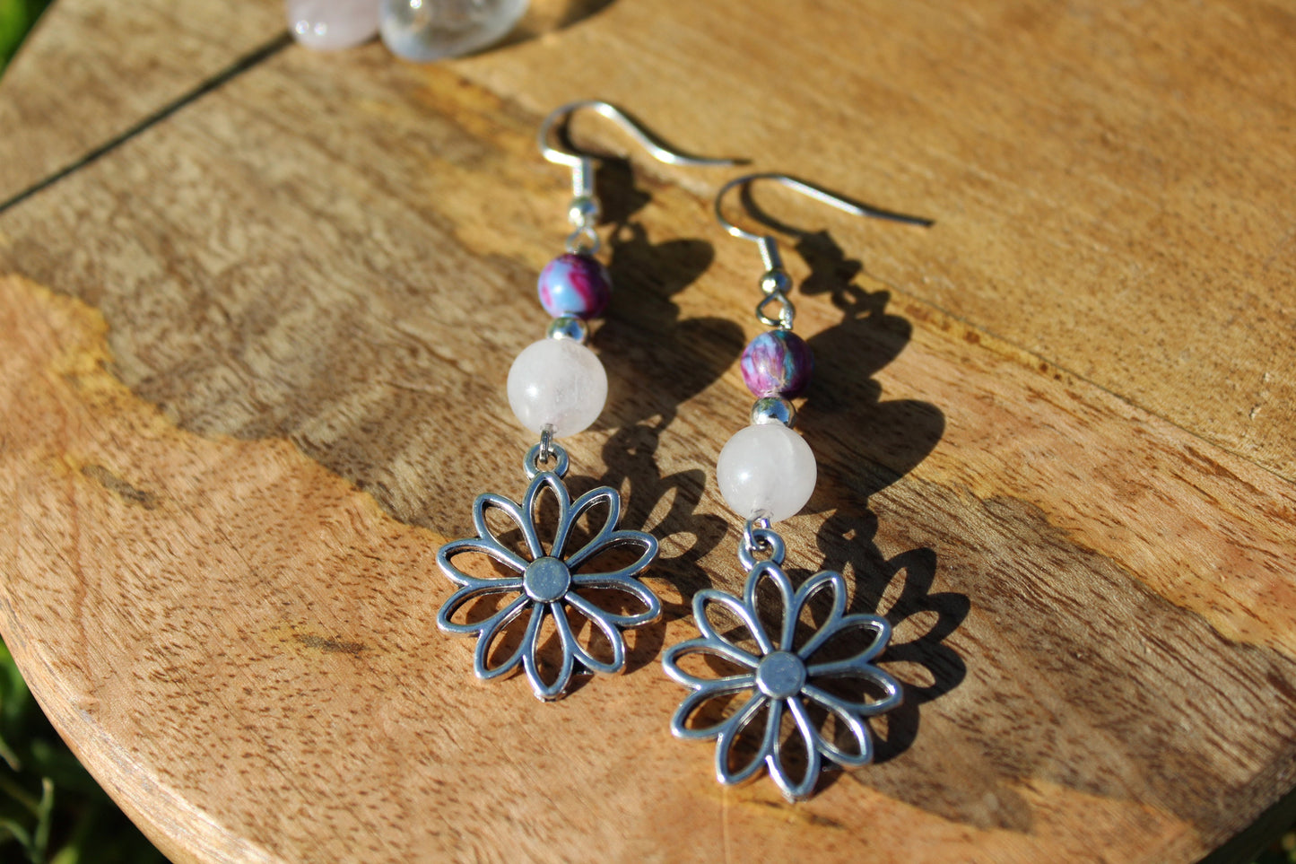 Boucles d'oreilles fleur avec pierre naturelle Jaspe impérial et Quartz Rose