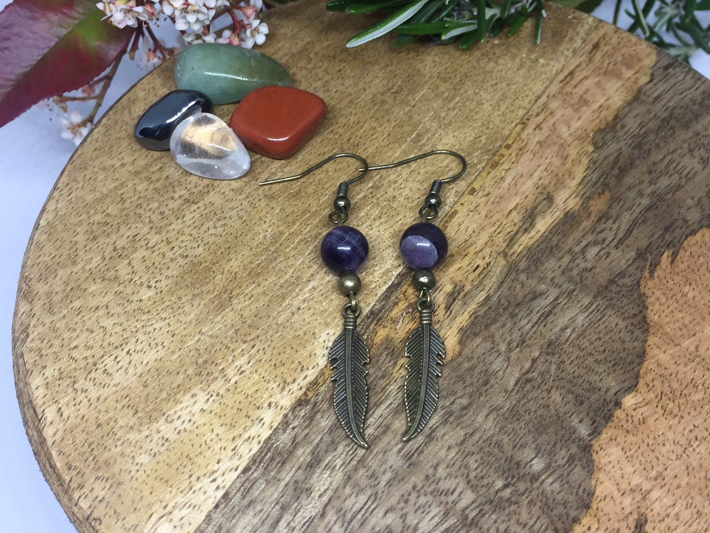 Boucles d'oreilles plume en pierre naturelle Améthyste