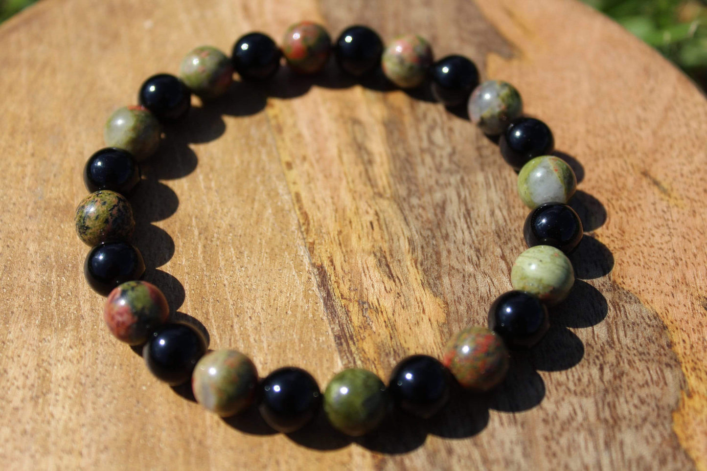 Bracelet en pierres naturelles , Obsidienne et Unakite
