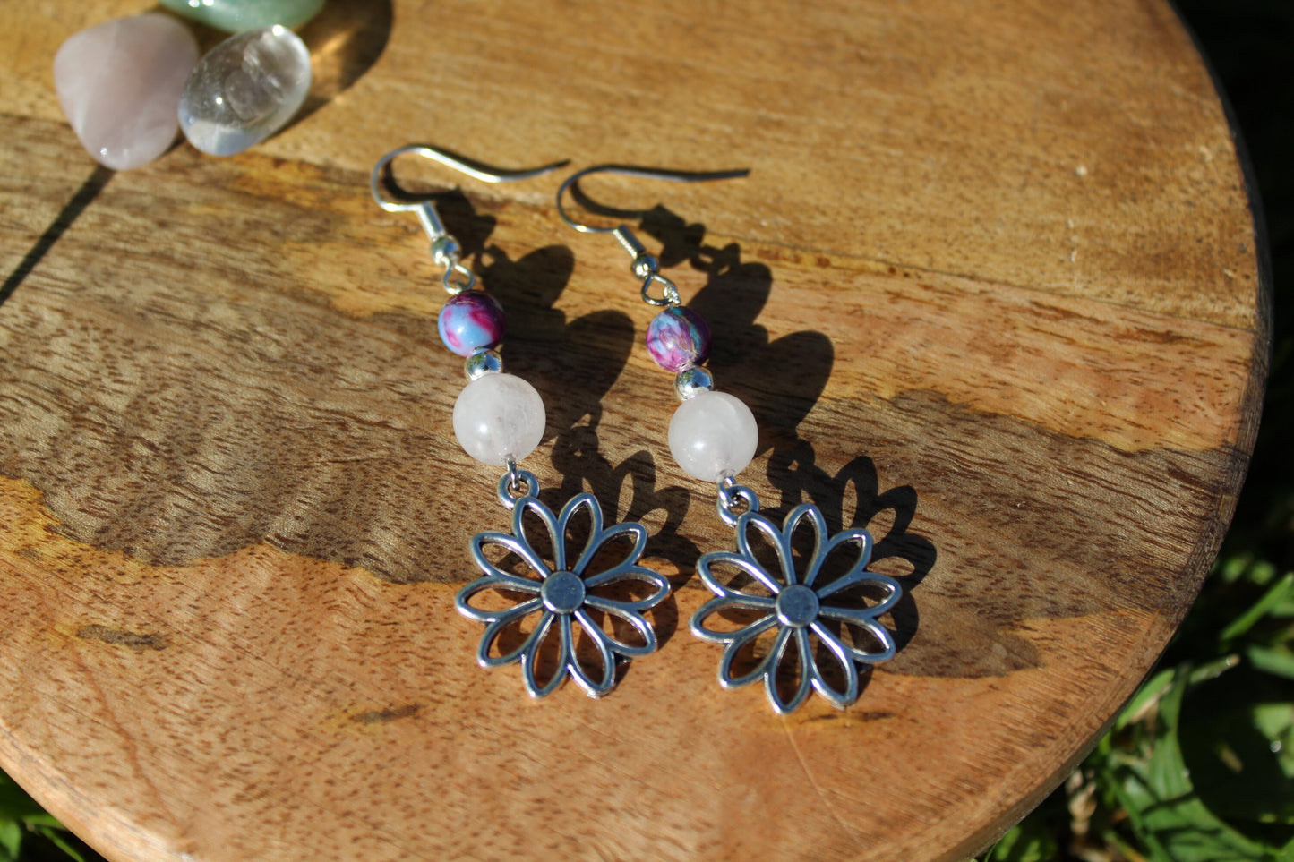 Boucles d'oreilles fleur avec pierre naturelle Jaspe impérial et Quartz Rose