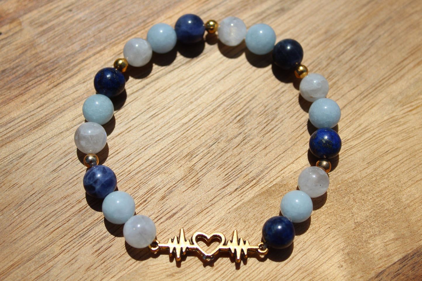 Bracelet élastique en pierres naturelles Aigue marine, Pierre de lune , Lapis lazuli