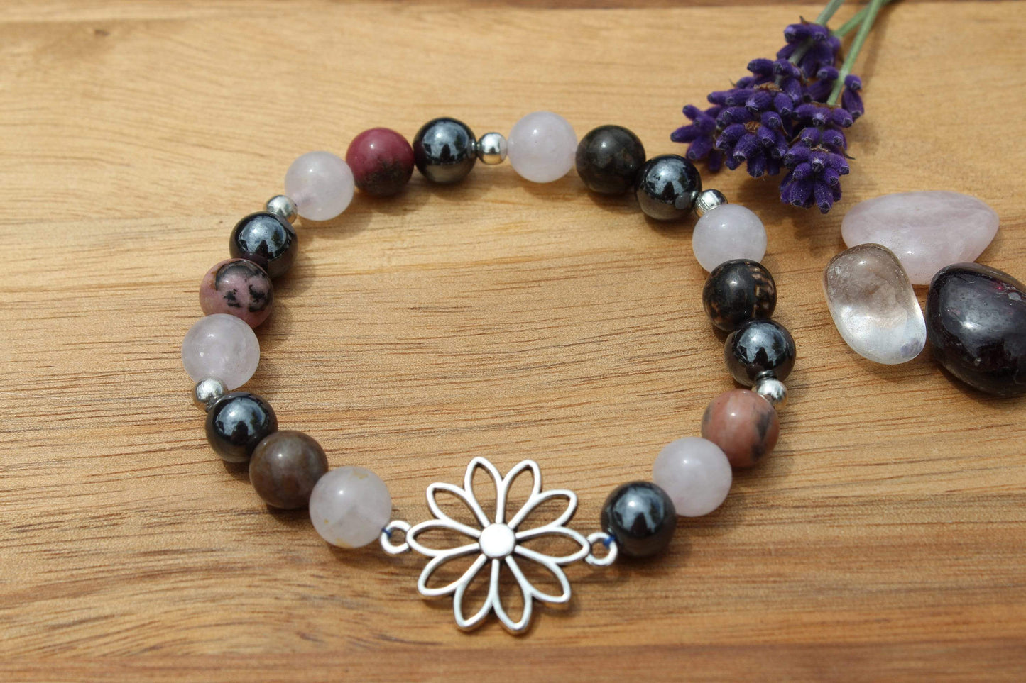 Bracelet pierres naturelles en Quartz rose, Rhodonite , Hématite