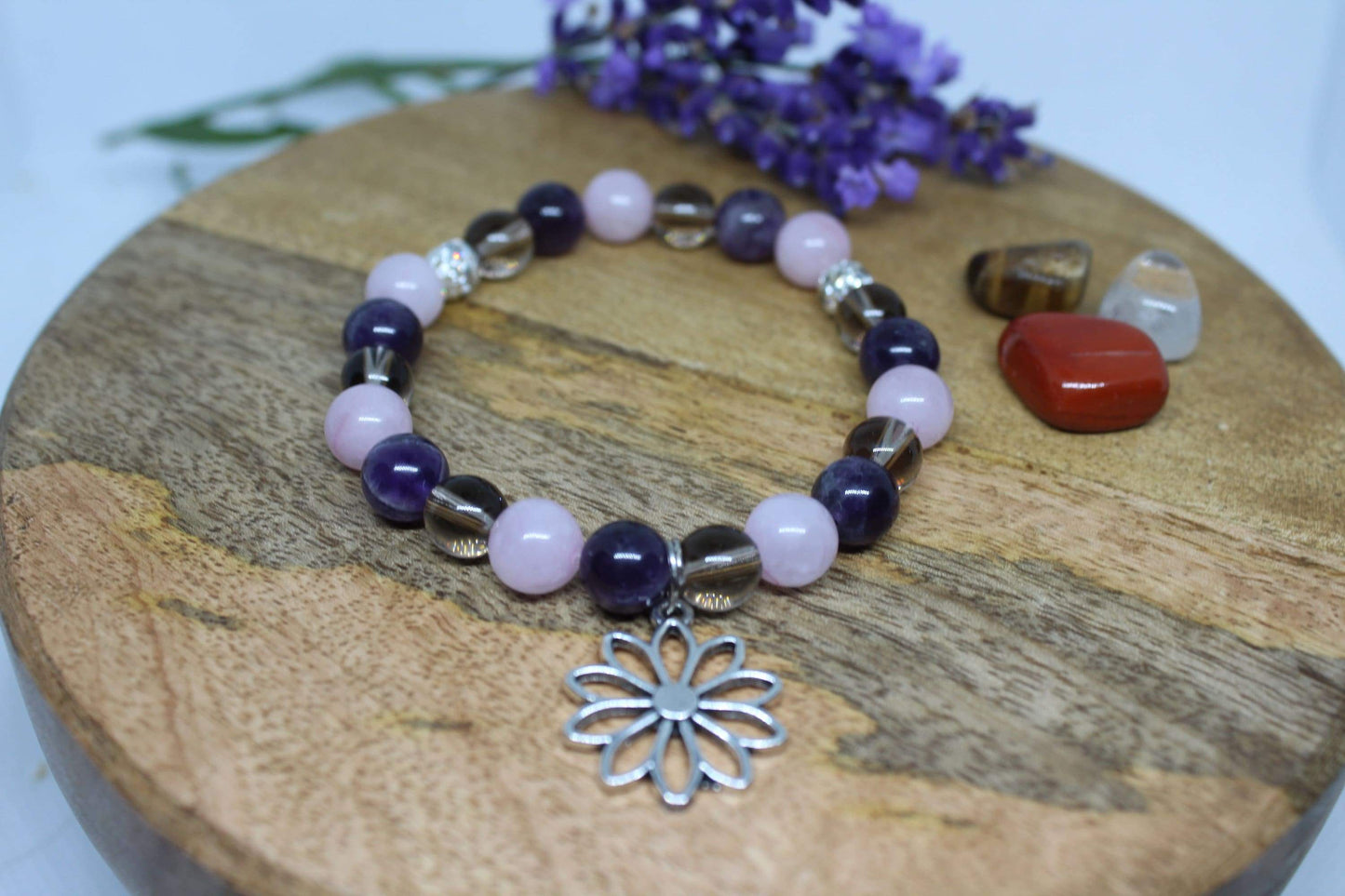 Bracelet sérénité en pierres naturelles quartz rose , améthyste et quartz fumé