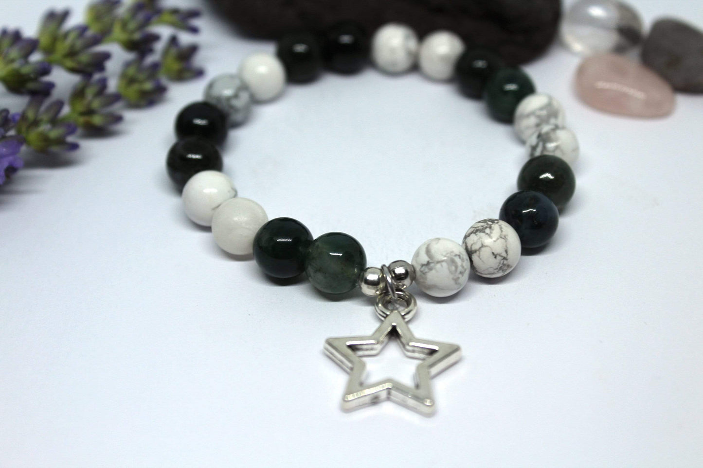 Bracelet pierres naturelles en Agate mousse et howlite