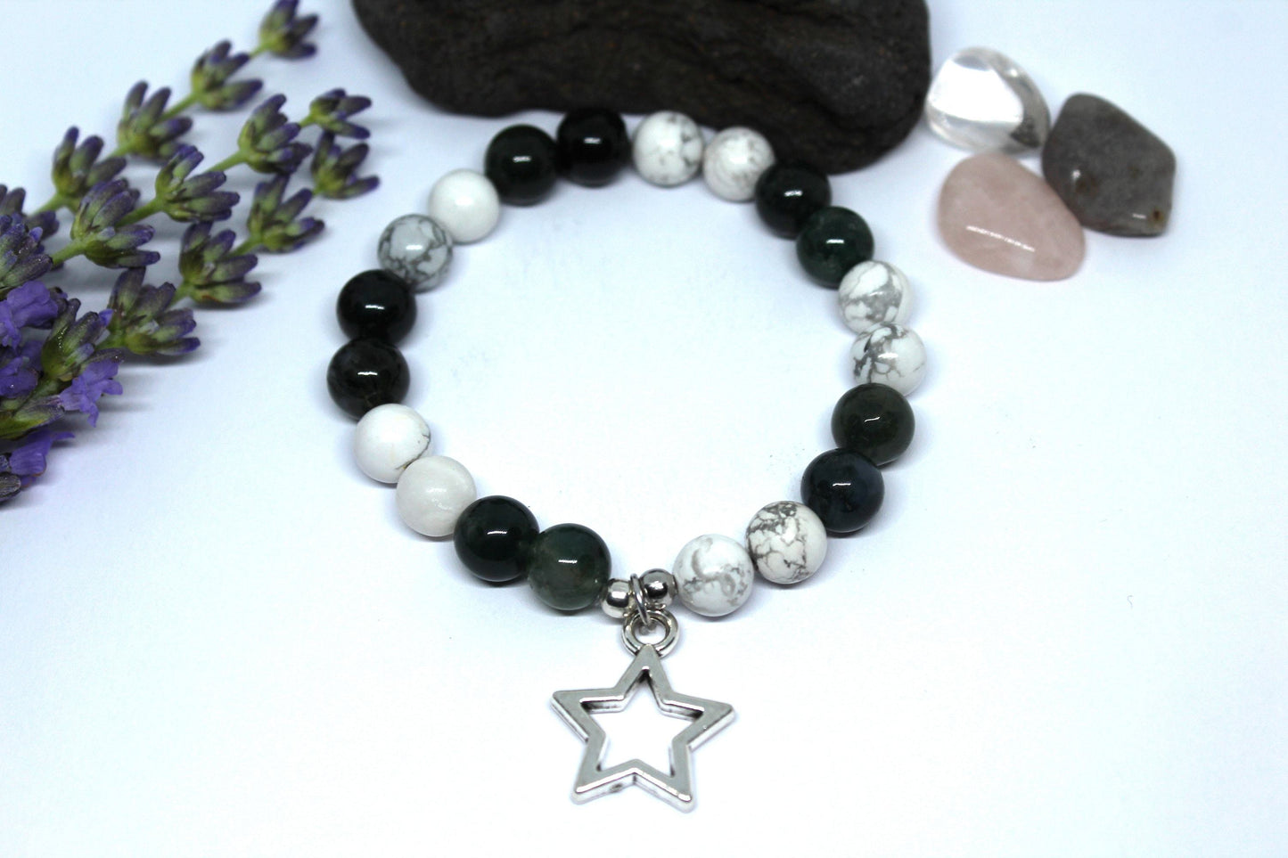 Bracelet pierres naturelles en Agate mousse et howlite