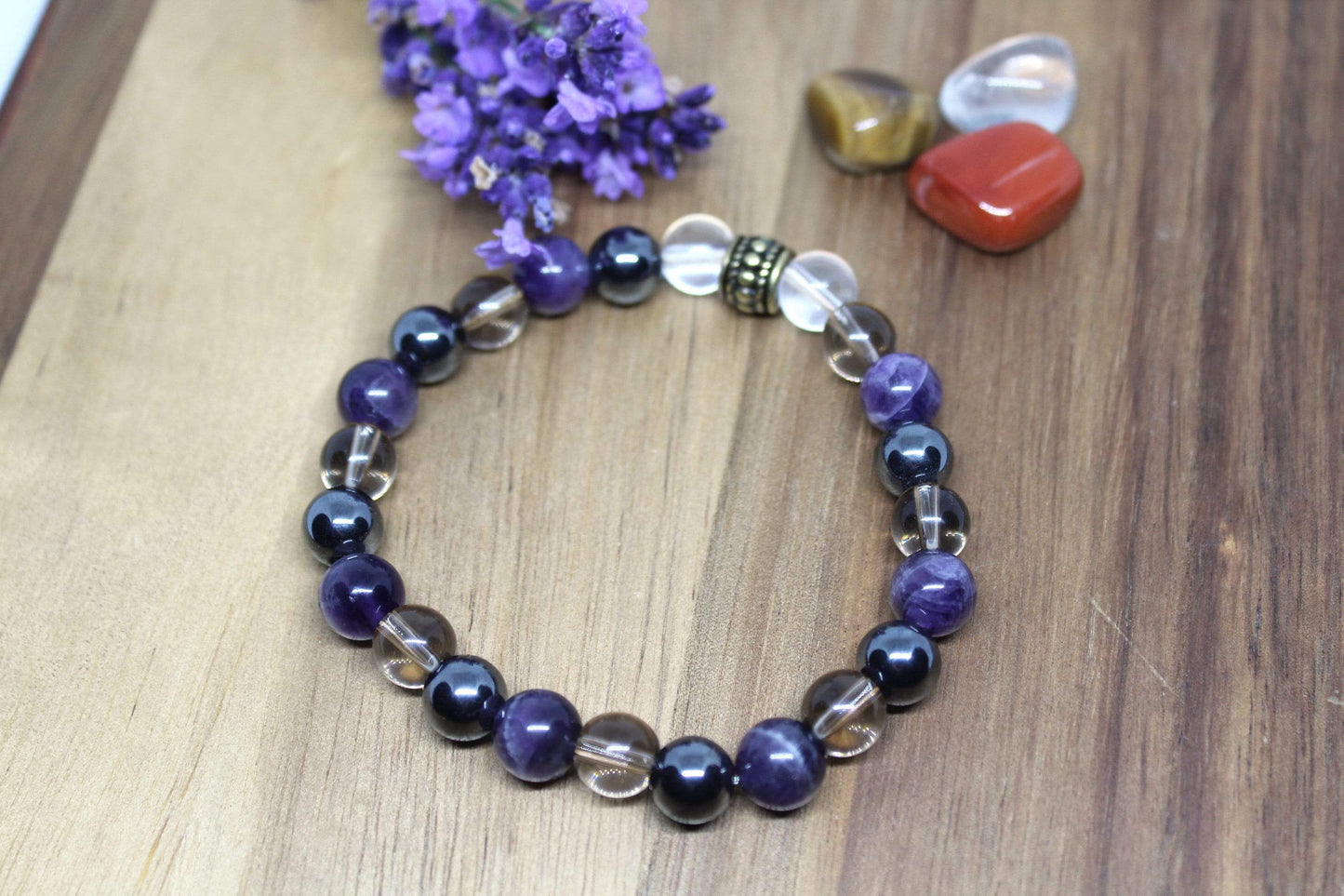 Bracelet pierres naturelles Améthyste , Quartz fumé , Hématite et Cristal de roche