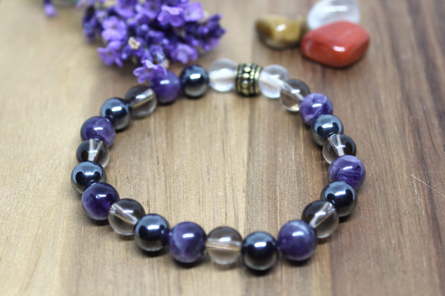 Bracelet pierres naturelles Améthyste , Quartz fumé , Hématite et Cristal de roche