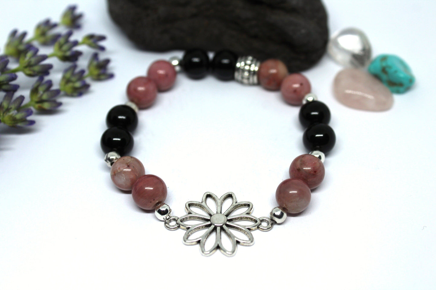 Bracelet en pierres naturelles , Rhodochrosite et Obsidienne noir