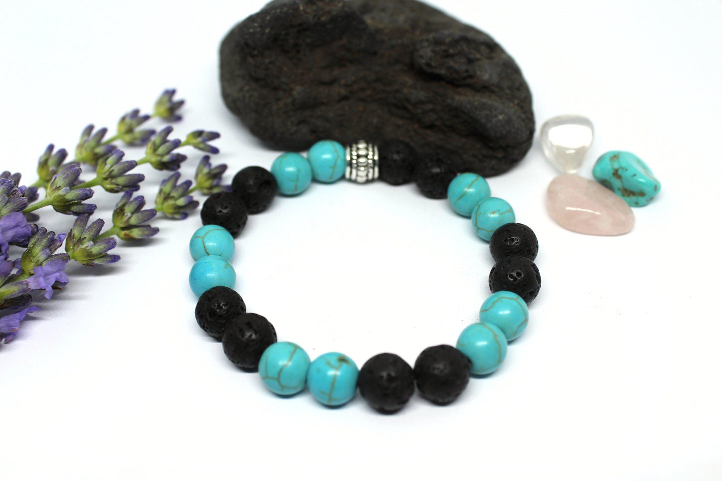 Bracelet élastique en pierres naturelles Howlite turquoise et pierre de lave