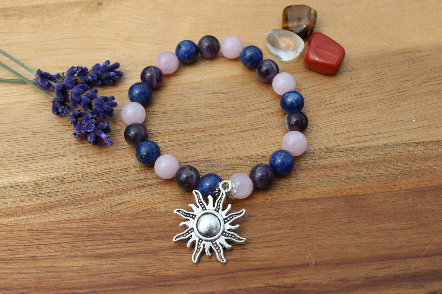 Bracelet pierres naturelles en Quartz rose , Améthyste , Lapis Lazuli