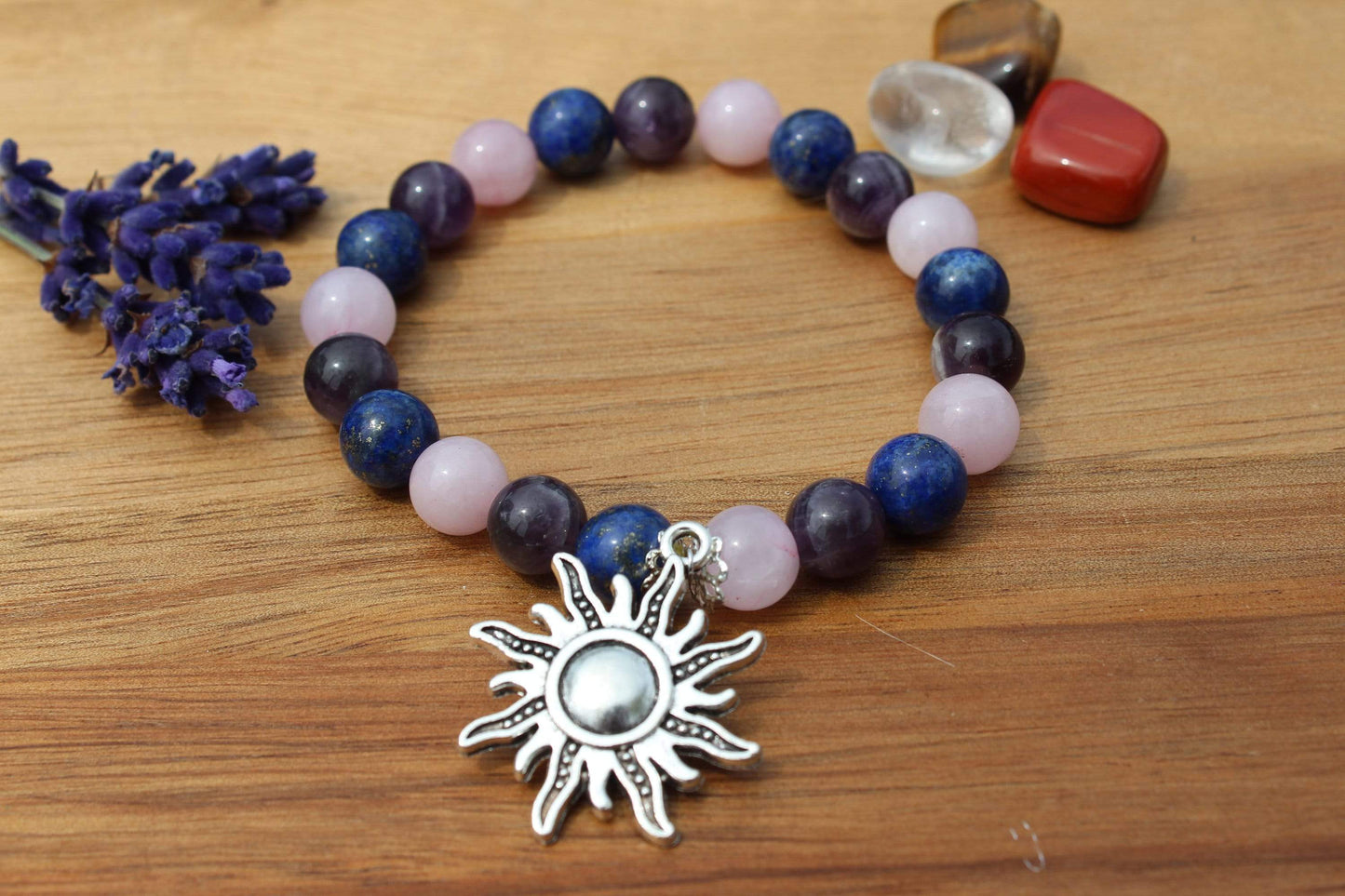 Bracelet pierres naturelles en Quartz rose , Améthyste , Lapis Lazuli
