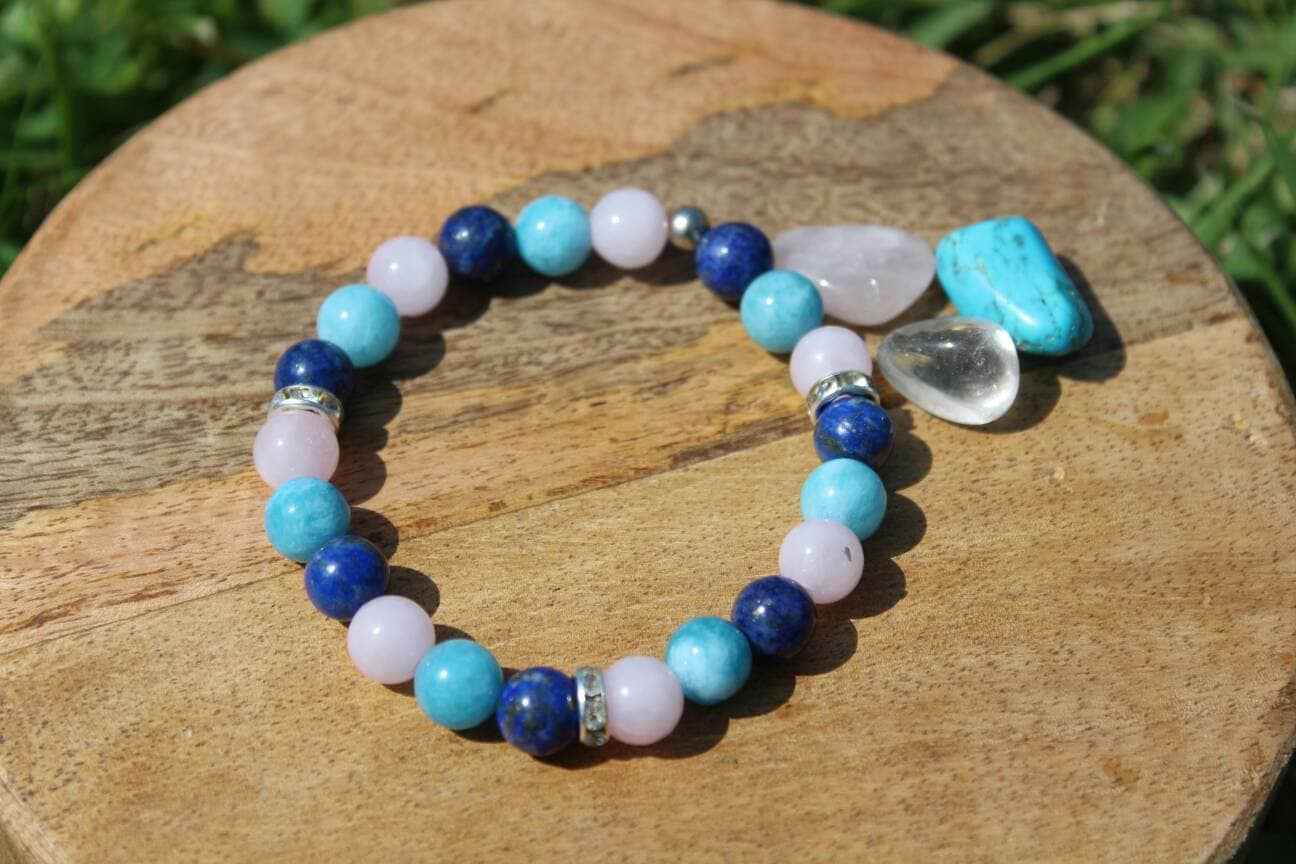 Bracelet en pierres naturelles Aigue marine, Quartz rose, Lapis lazuli "Spécial Burn-out"