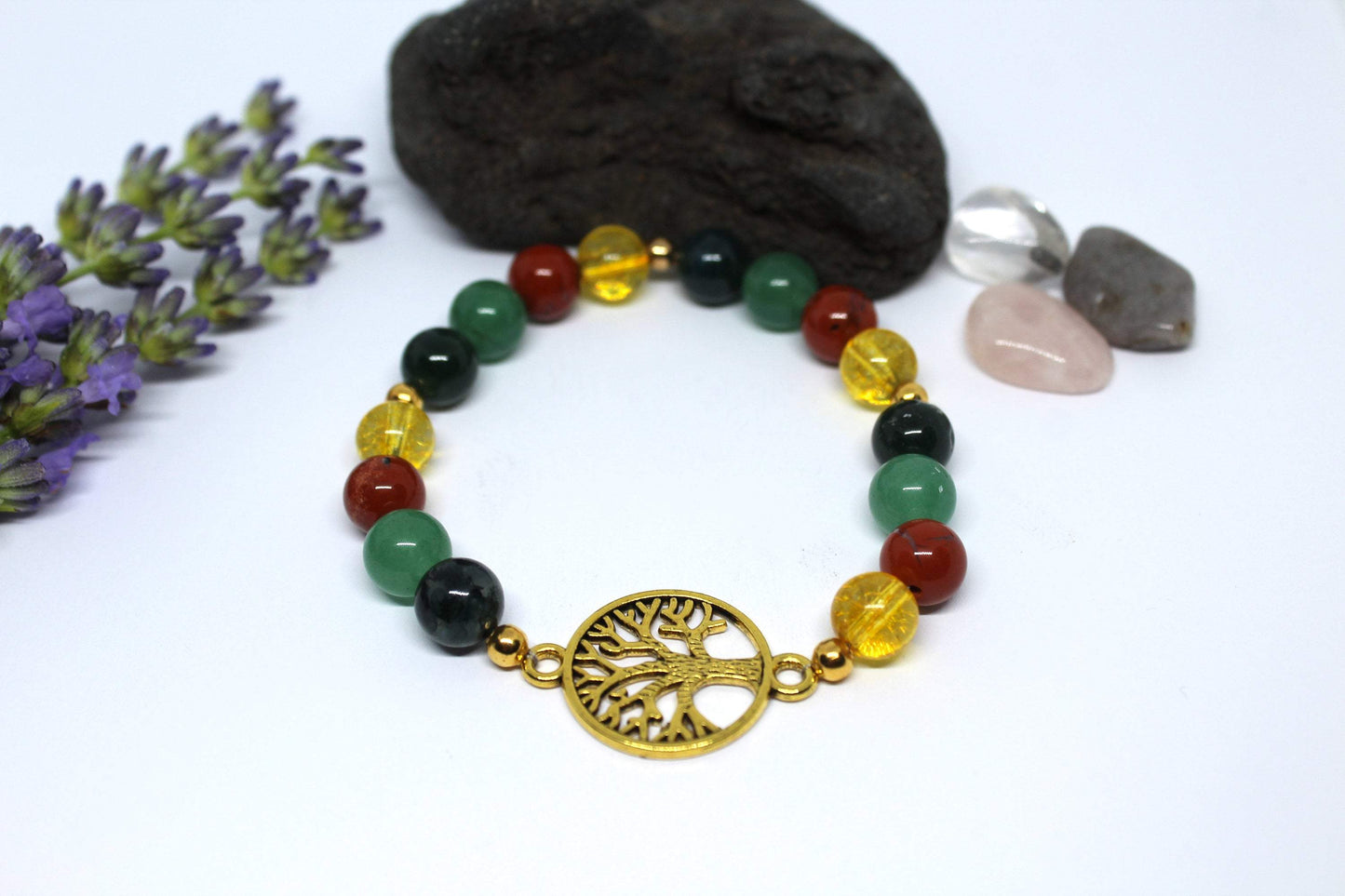Bracelet en pierres naturelles Citrine , Agate mousse , Aventurine , Jaspe Rouge " Spécial Maladie de Crohn "